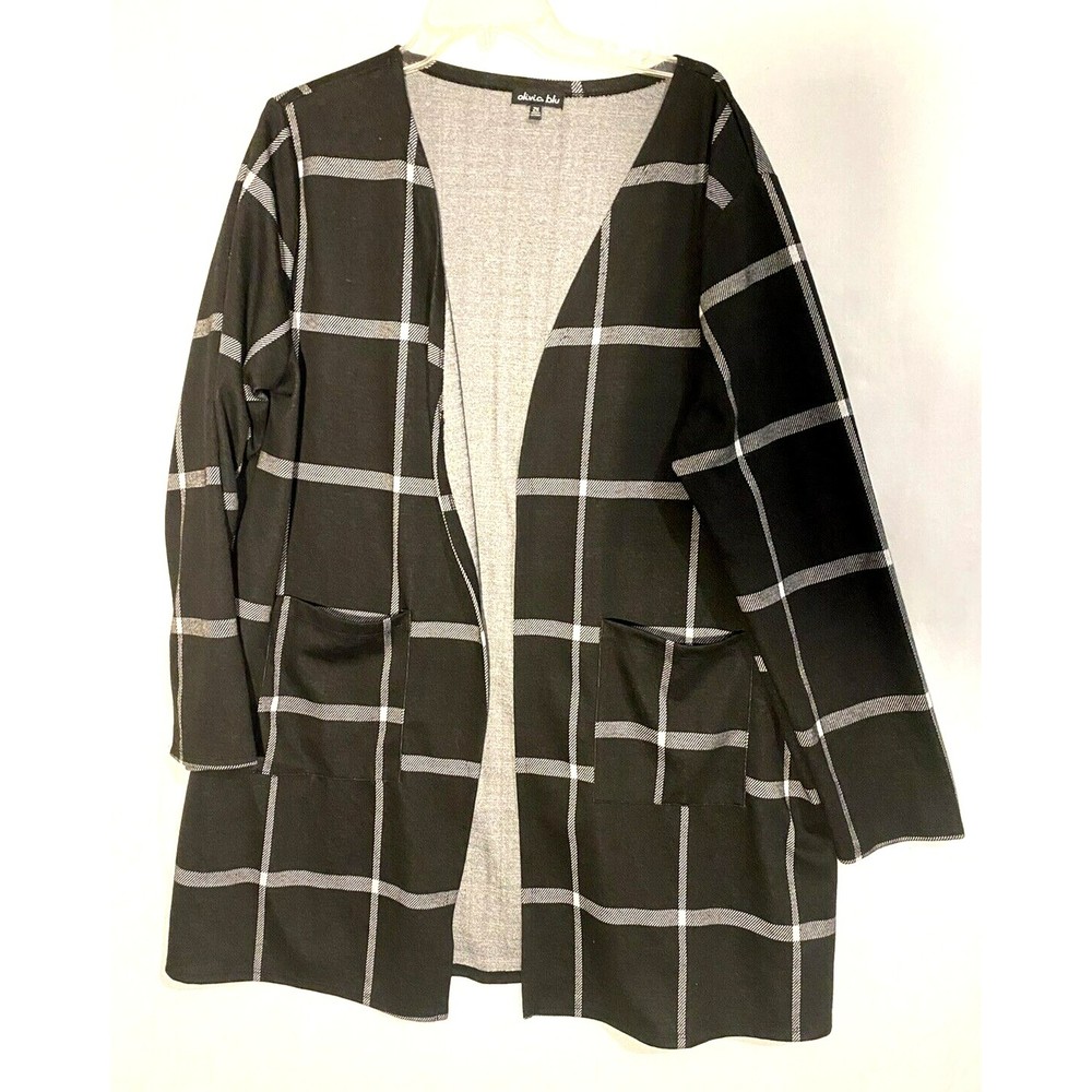 Olivia Blu Open Cardigan Womens 2X Plus Black Window Pane Print Open Front Knit